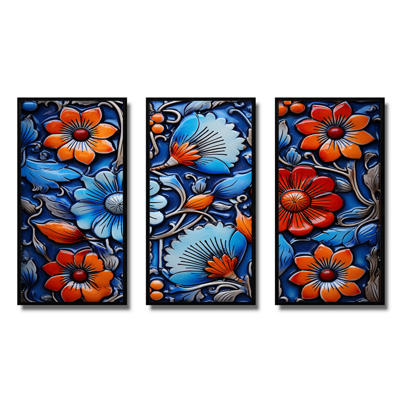 Floral bohème bleu et orange mosaïque 5 - Boho mosaïque murale, H 28 po x l 36 po x P 1 po, Cadre flottant noir