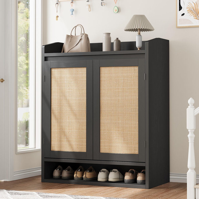 Modern Boho Rattan Shoe Cabinet – Wooden Entryway Storage with Adjustable Shelves & Closed Compartments – Ideal for Hallway, Living Room, Closet (Black)