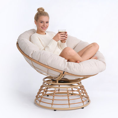 Oversized 360° Swivel Papasan Lounge Chair with Thick Cushion for Indoor & Outdoor Comfort