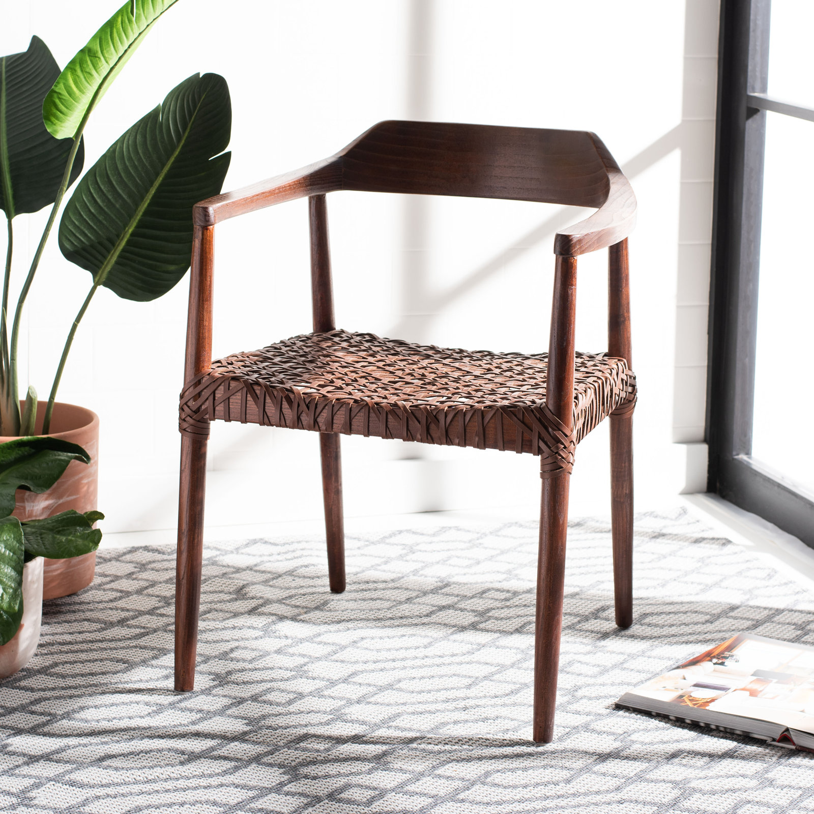 Bruna 22'' Wide Dining Chair, Medium Oak, Cognac Genuine Leather