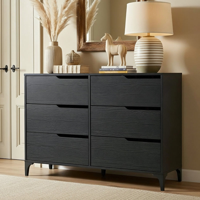 Norcross 6 Drawer 46.5'' W Double Dresser, Black Oak