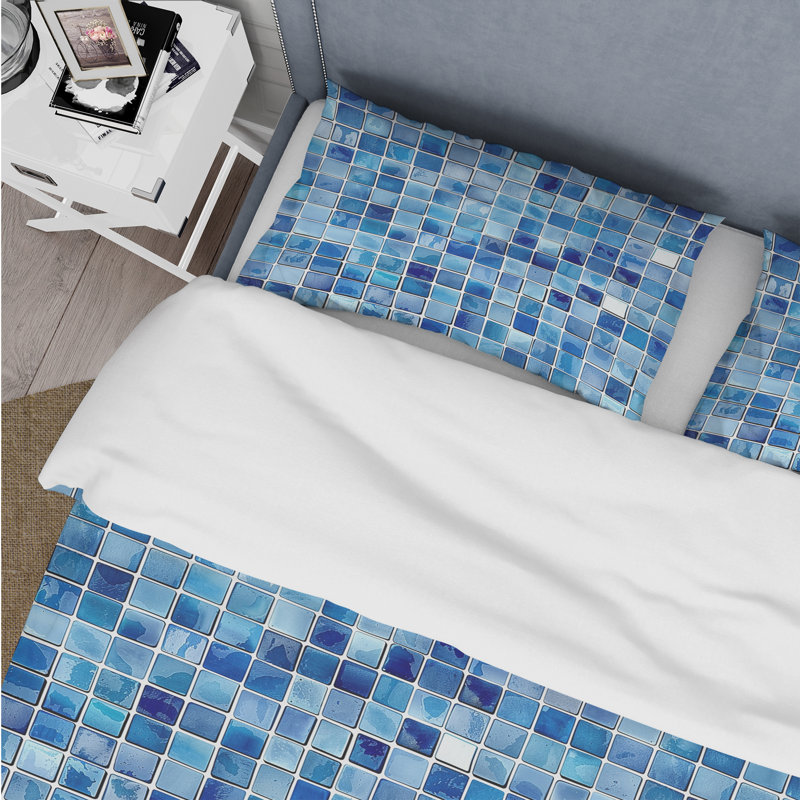 Ensemble de housse de couette bleu Midcentury Mosaic Tiles, Housse de couette pour grand lit + 2 taies décora