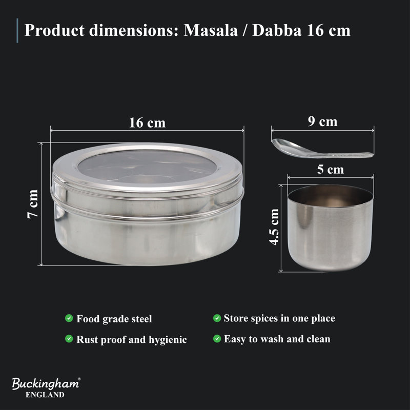 Buckingham Stainless Steel Masala Dabba Indian Spice Box with Airtight Lid , 16 cm 