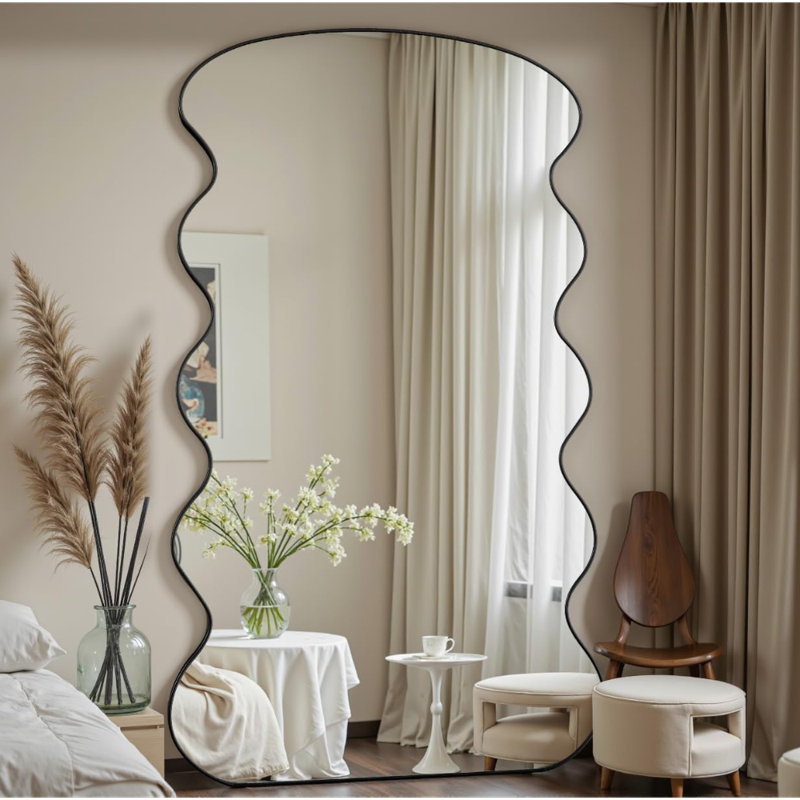 Wavy Arched Full Length Floor Mirror with Stand, Freestanding or Wall Mounted Full Body Mirror for Bedroom, Living Room, or Cloakroom