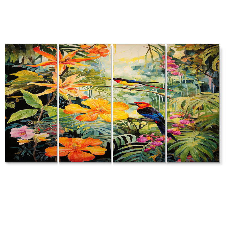 Oiseaux colorés dans une jungle tropicale fleurie - oiseau, art mural sur toile 4 pièces, H 28 po x l 48 po