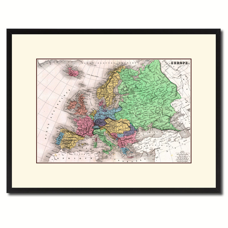 Carte de l'Europe imprimée sur toile avec cadre noir, 16 x 21