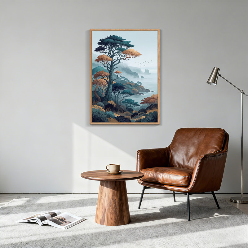"Trees and Coastline" bleu sarcelle stylisé, 36"H x 24"W