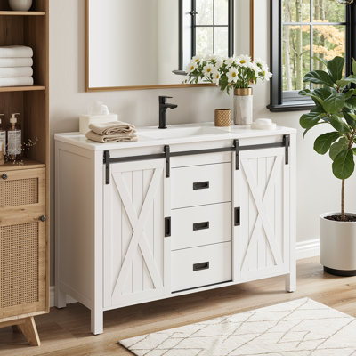 Meuble-lavabo 47 po avec 3 tiroirs et portes, blanc