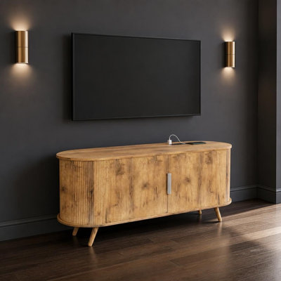 Meuble télé moderne avec prises de courant et ports USB, centre de divertissement pour téléviseur de 55 po ou moins, console multimédia avec rangement à compartiments multiples, portes coulissantes cannelées, système de gestion des câbles, cadre 