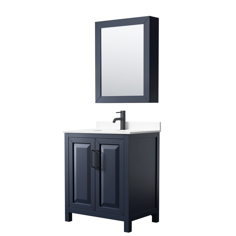 Daria 30'' W Single Vanity, Carrara Cultured Marble, Dark Blue, Brushed Gold