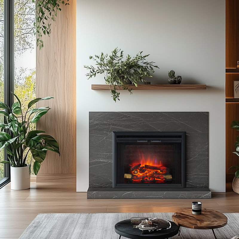 Puraflame Breena Electric Fireplace Insert with Fire Crackling Sound, Glass Door and Mesh Screen, 750/1500W, Black, 29 15/16 Inches Wide, 23 3/16 Inches High