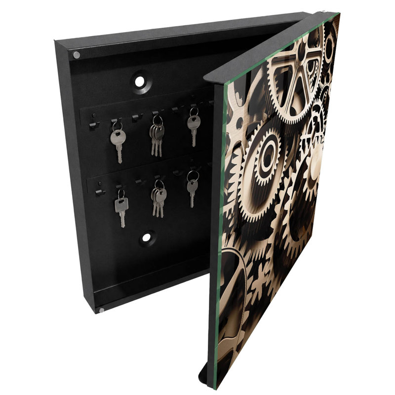 Wall mounted key box, Opens to the left, 30x30x5, White, Complex gears in metallic colors, 