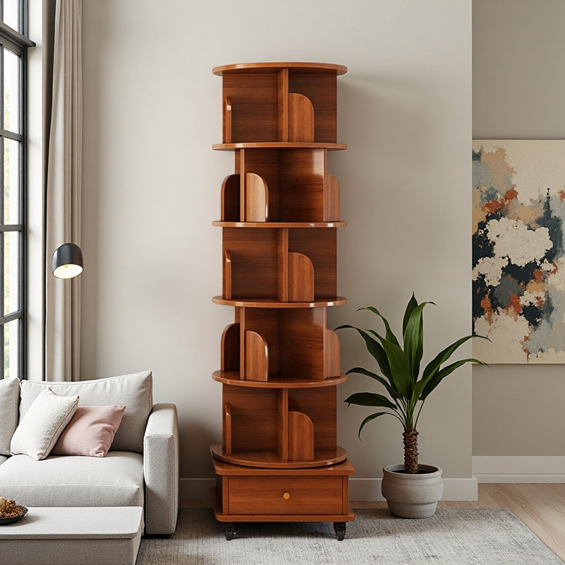 Rotating Bookshelf, 360 Display Corner Bookshelf For Small Space, 6 Tier Bookcase Storage Rack With Wheels, Walnut