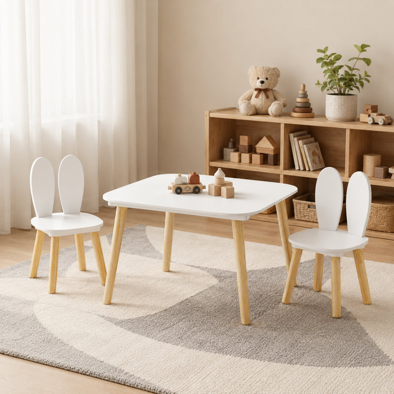 Ensemble 3 pièces de table pour enfants et 2 chaises sur le thème du lapin, table d'activité pour tout-petits avec pieds en bois massif