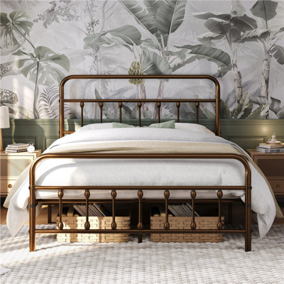 Classic Iron Platform Bed with High Headboard and Footboard