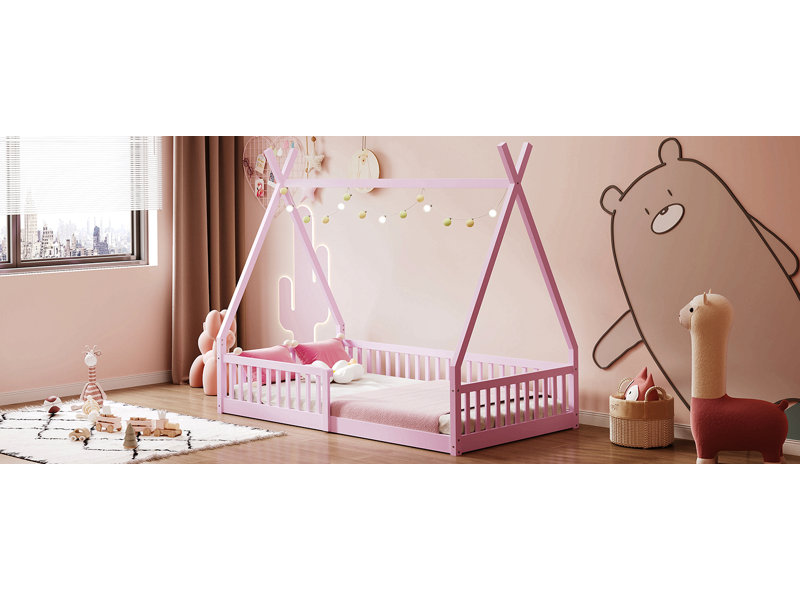 Lit simple en bois avec clôture, Rose