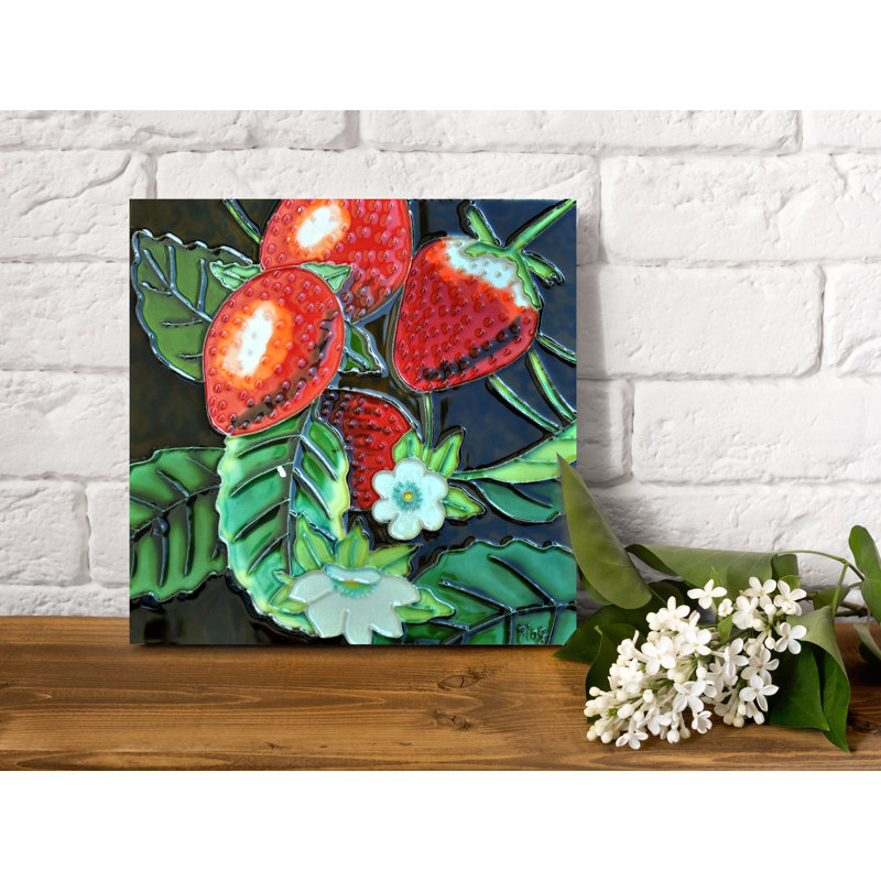 8" Square Green and Red Ceramic Art Tile Wall Décor