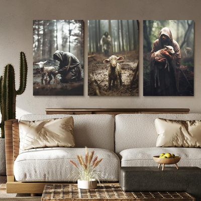 Jesus And Lamb Canvas Wall Art Set Of 3 Jesus Running After Lost Lamb Picture Wall Art Jesus Canvas Print Christian Wall Decor Art Christian Home Deco