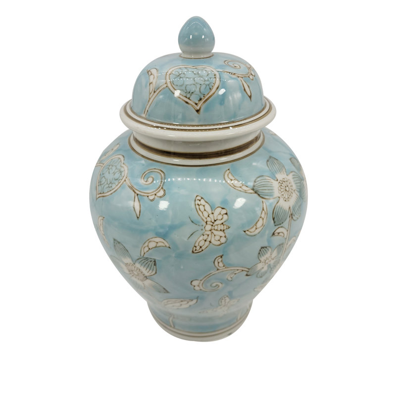 Light Blue Floral Ceramic Ginger Jar, 12"
