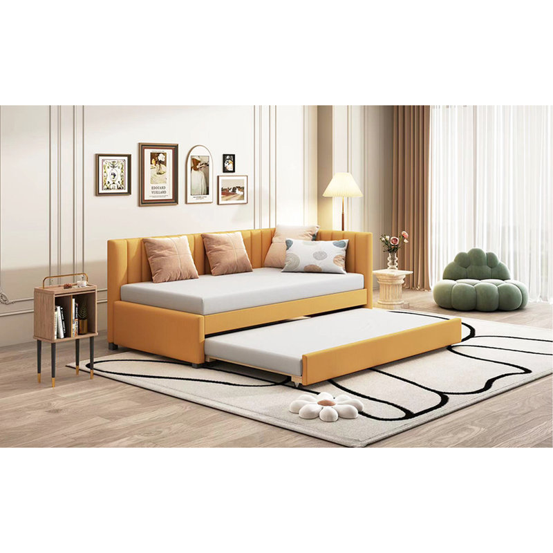Yellow Linen Daybed With Twin Trundle, Strong Build, No Box Spring Needed Size Bed Upholstered In Linen, Choice, Yellow