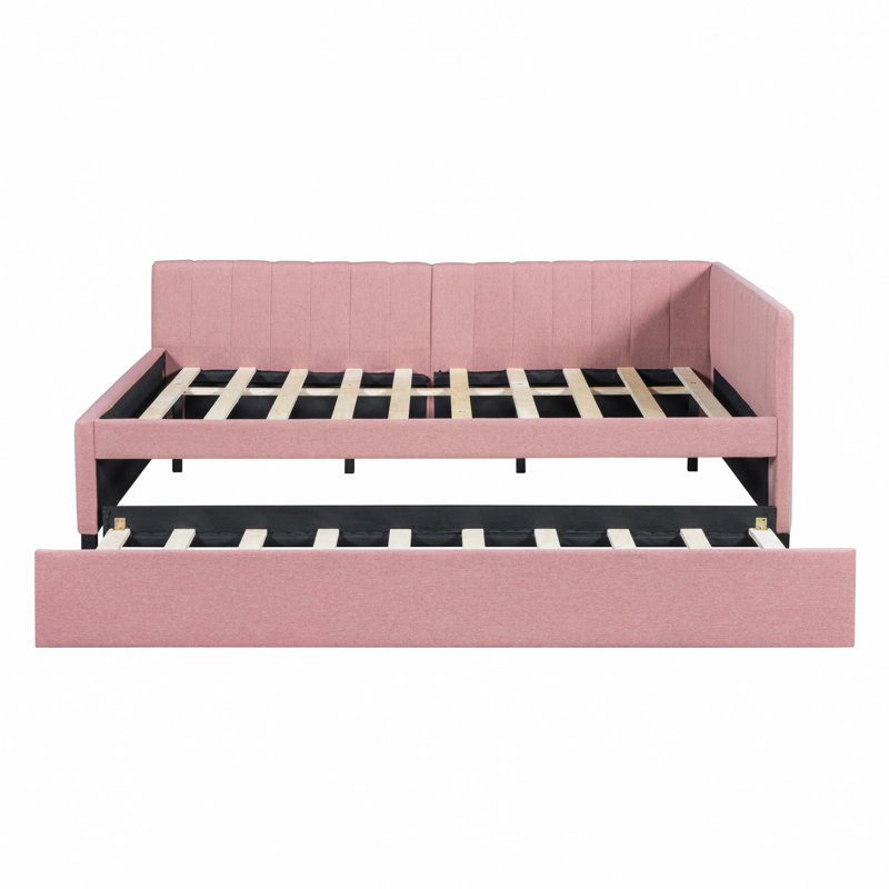 Upholstered Daybed With Trundle Sofa Bed Frame No Box Spring Needed, Linen Fabric, Pink