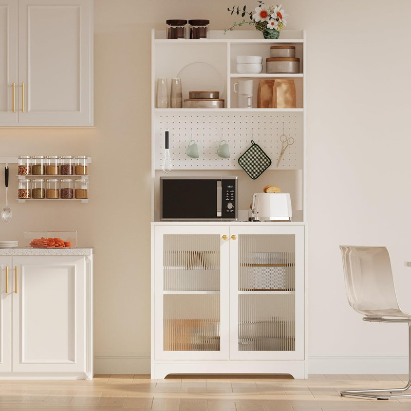 71 in Pantry Storage Cabinet with Doors, Adjustable Shelves & Pegboard, Kitchen Hutch for Dining Room, White, White