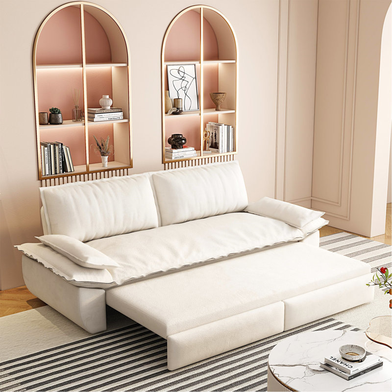 73.2" Queen Pull Out Sofa Bed,3-In-1 Convertible Sleeper Sofa,Multi-Functional Velvet Loveseat Bed,Black, Beige+White Velvet