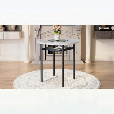 Table de salle à manger ronde moderne minimaliste blanche de 42 pouces avec incrustations en verre gris et support en métal, convenant à 4 à 6 personnes dans de multiples cas