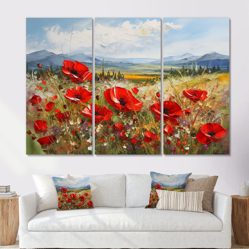 «Red Poppies Field In Mountain I», ensemble d'art sur toile coquelicots, Toile tendue, H 32 po x l 48 po x P 1 po