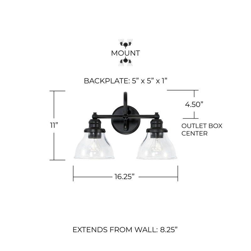 Éclairage de salle de bain noir mat à 2 lumières à intensité variable Baxter, Transparent