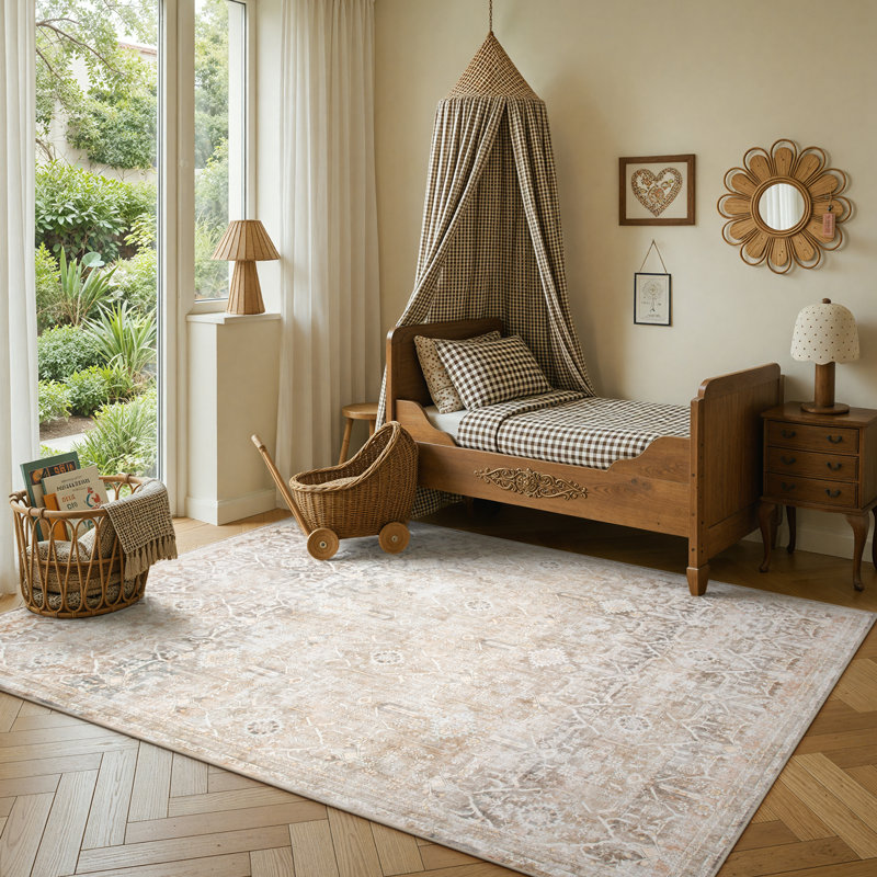 Tapis beige lavable rétro Tribal Cashmere Vintage, Rectangle 6 pi x 9 pi