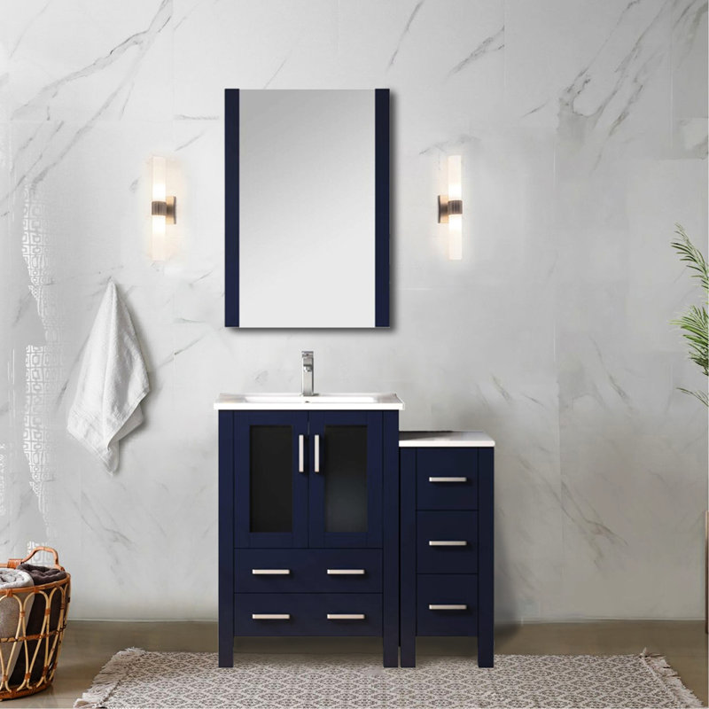 36 po Meuble-lavabo simple bleu marine avec cinq tiroirs, robinet et surface à gratter bleu, plateau en céramique