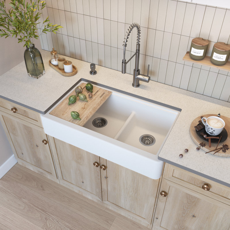36" Granite Short-Apron Double-Bowl Farmhouse Kitchen Sink In Off-White, Off-White