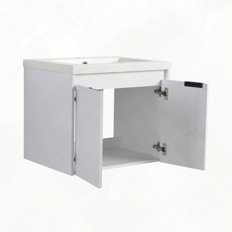 Meuble-lavabo de salle de bain avec lavabo en résine, deux portes à fermeture douce et une armoire latérale