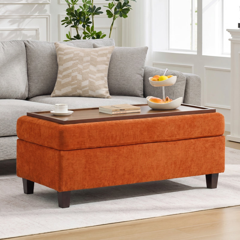Banc multi-fonctionnel pour repose-pieds avec couvercle rabattable en bois et coussin, Orange