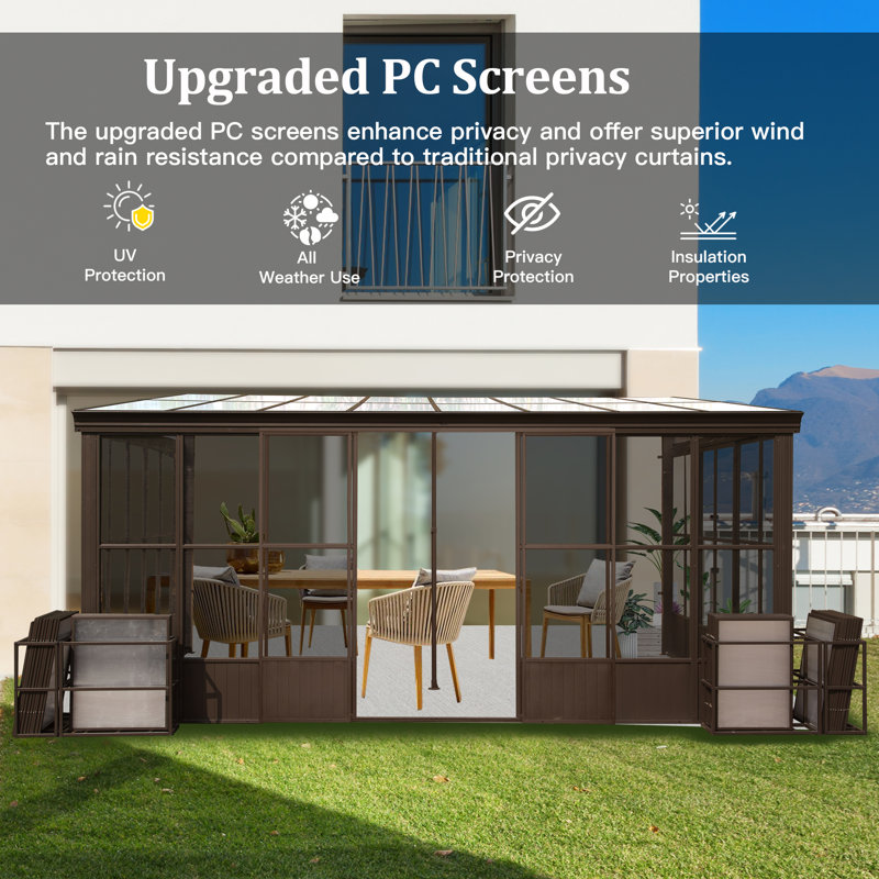 Aluminum Patio Gazebo Wall-Mounted Solarium, 97.32" H x 192" W x 144" D