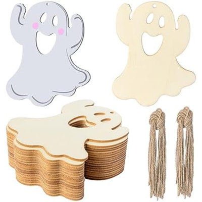 Fantôme en bois d'Halloween en bois blanc avec des ficelles, des ornements non finis pour la fête d'anniversaire de mariage de Noël, décoration de l'Action de grâce d'Halloween 20 pièces
