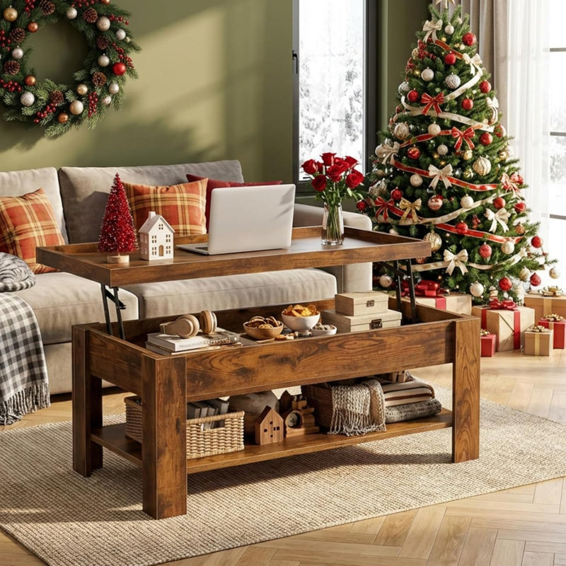 Table basse à plateau relevable avec rangement caché, bureau de table moderne pour petits espaces, table centrale en bois avec grand compartiment et tablette pour le salon