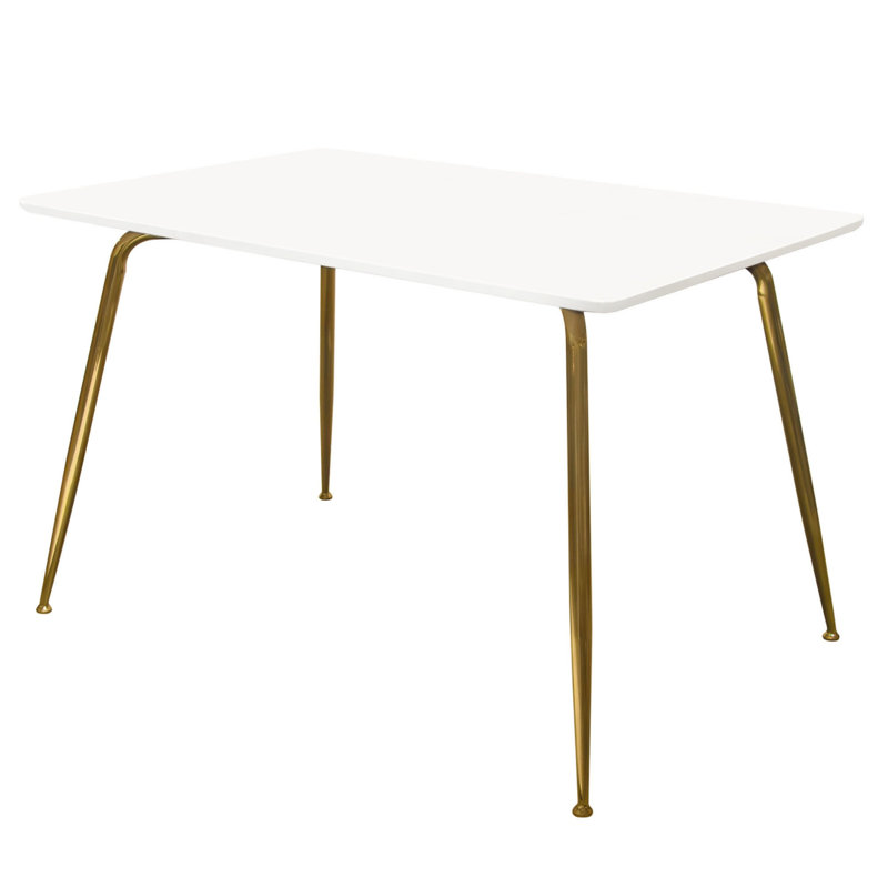 Table de salle à manger Iga, plateau rectangulaire blanc laqué de 47 pouces, pieds en métal doré