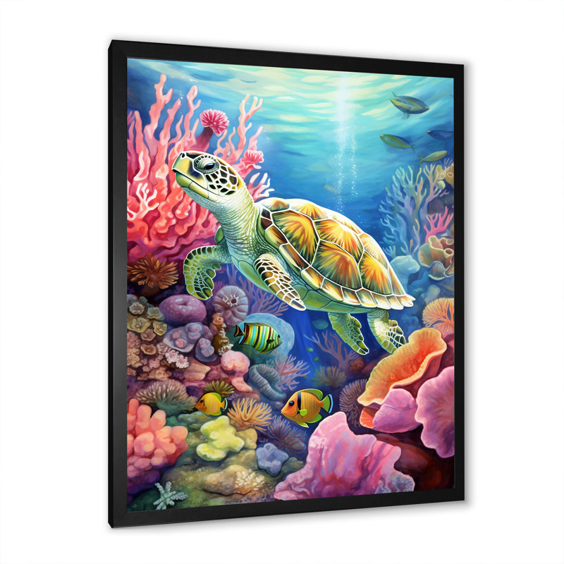 Tortue, vie colorée sur toile, Cadre photo noir, H 32 po x l 16 po x P 1 po