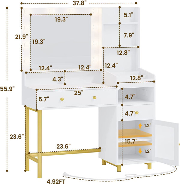 Latitude Run® Jamaiyah Large Vanity Desk with Storage Shelves, 5 Drawers,  Glass Cabinet