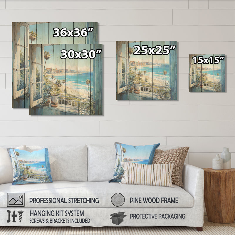 California Shoreline Window View I - Coastal Windows On Wood Print, 15" H x 15" W