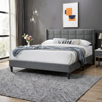 Elegant Modern Full Size Upholstered Platform Bed with Box Design Headboard - Gray Brushed Linen, No Box Spring Needed