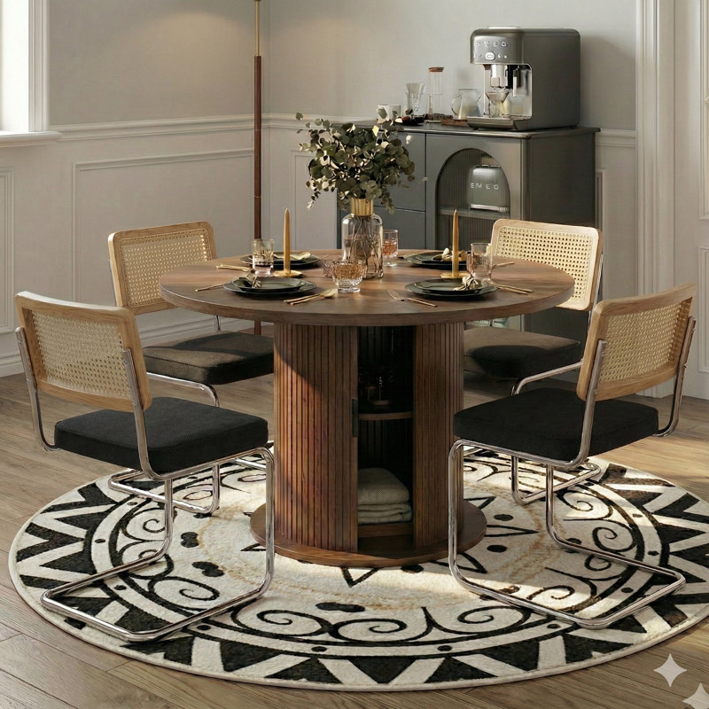 5-piece Round Pedestal Dining Set With Cane Back Cantilever Chairs, Black