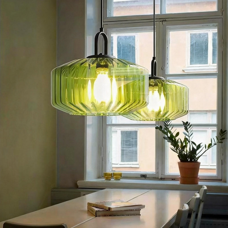 Luminaire suspendu moderne en verre nervuré géométrique, vert, Vert
