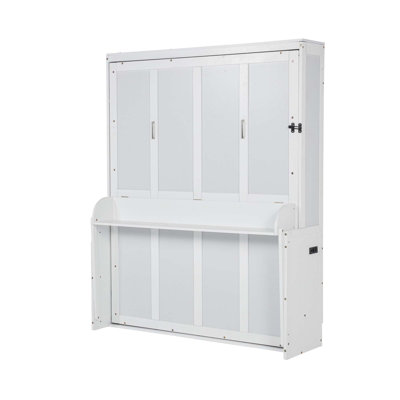 Queen Size Wood Vertical Murphy Bed, Space-Saving Hidden Wall Bed, Wall Bed Cabinet, With Desk, Gas Struts ,White