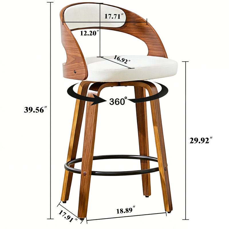 Tabouret pivotant de 30 po en similicuir moderne avec cadre en bois, Blanc, Tabouret de bar (siège d'une hauteur de 30 po)