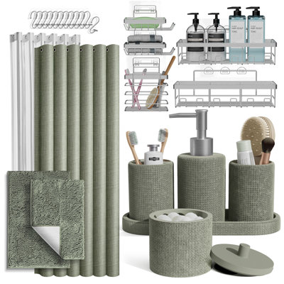 Clara Clark 26-Piece Bathroom Accessory Set with Shower Curtain, Rugs & Adhesive Shower Caddy Organizer