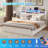 Farmhouse Bed Frame King Size With Bookcase Headboard And 2 Drawers, Wooden Platform King Bed With Led Lights And Charging Station, Rustic Accent Headboard With Sliding Door, White