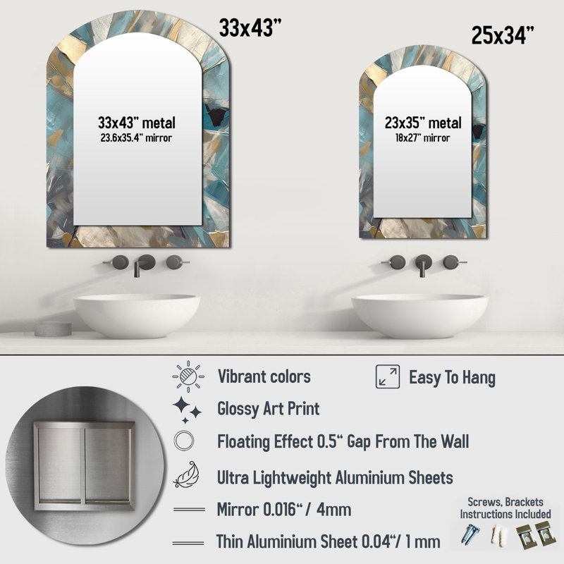 Blue Gold Transcendent Liquid Ink I - Marble Asymmetrical Unique Mirror, Blue Arch Large Wall Mirror, Printed Metal Art